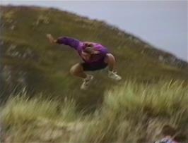 Lukas Wooller takes flight off the top of the sand dunes at Camusdarach Beach